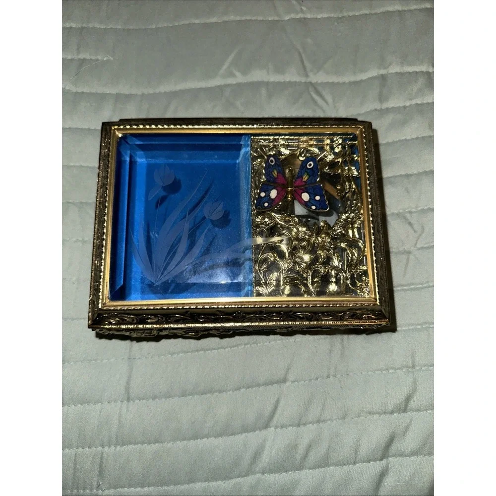 Vintage Westland Enamel Butterfly Automation Etched Music Jewelry Box JAPAN